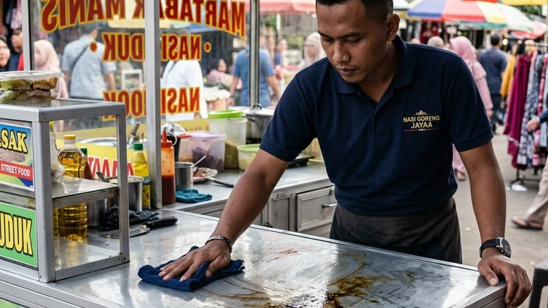 Membersihkan Noda Minyak Membandel di Meja Booth Aluminium